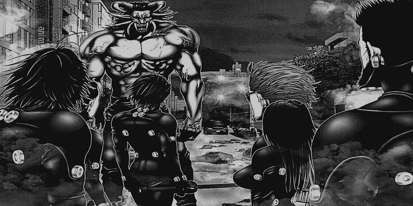   A equipe Tokyo Gantz de Kei e Karuno se posiciona para a Missão Oni no mangá Ganyz, enfrentando a temível criatura em um painel completo.