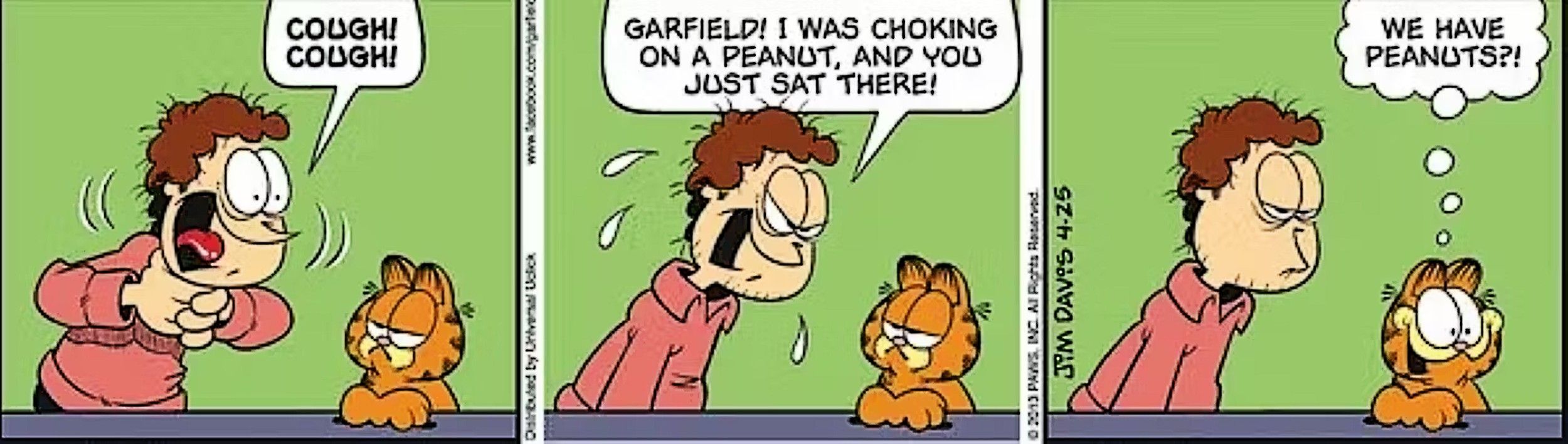 Jon Arbuckle nearly chokes to death on a peanut while Garfield watches