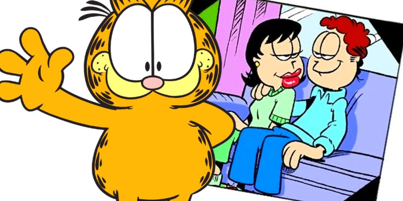 garfield waves at the reader, a photo of jon and liz in the background