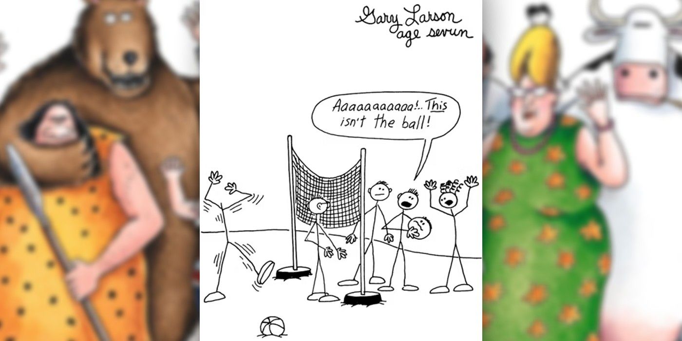gary larson comic before the far side, showing stick figures playing voleyball, horrified to realize they're using one players head as the ball