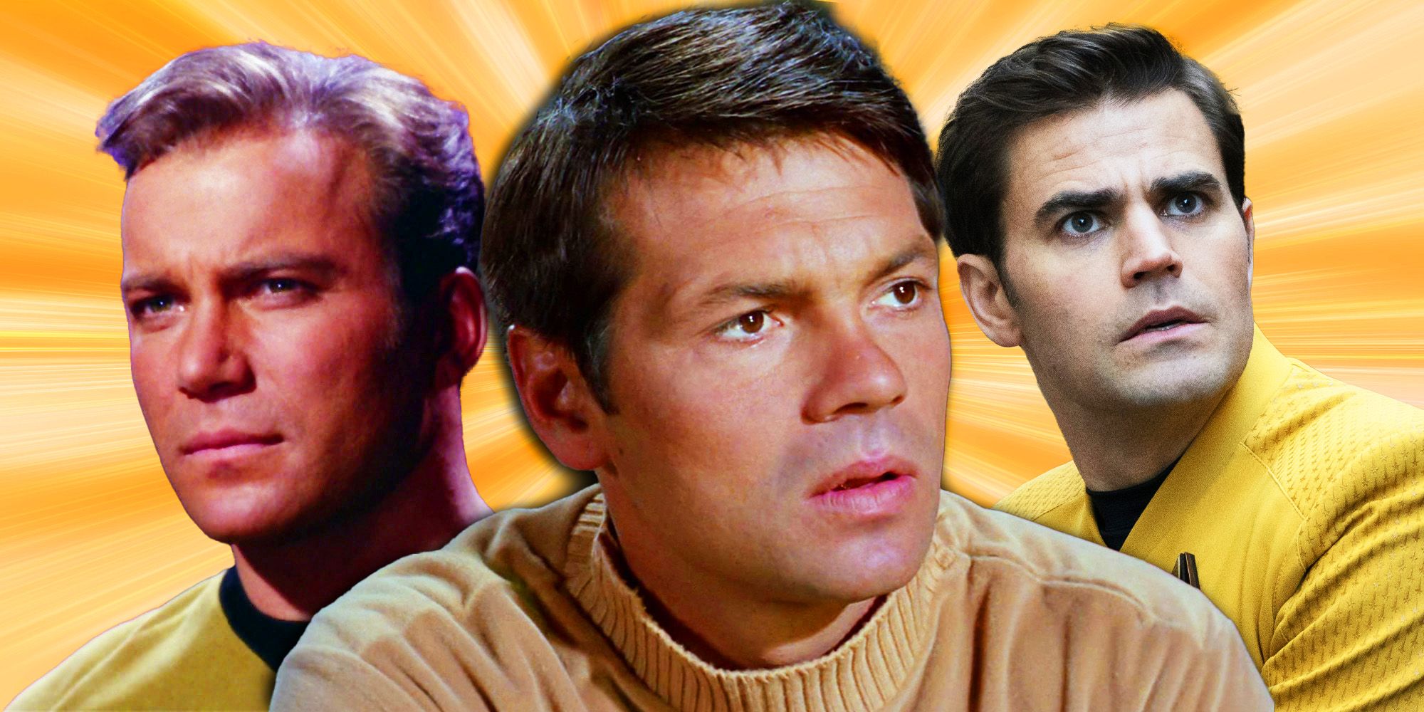 Star Trek The Original Series and Strange New Worlds. Gary Lockwood as Gary Mitchell in Where No Man Has Gone Before. William Shatner as Captain James T. Kirk and Paul Wesley as Lieutenant James T. Kirk.