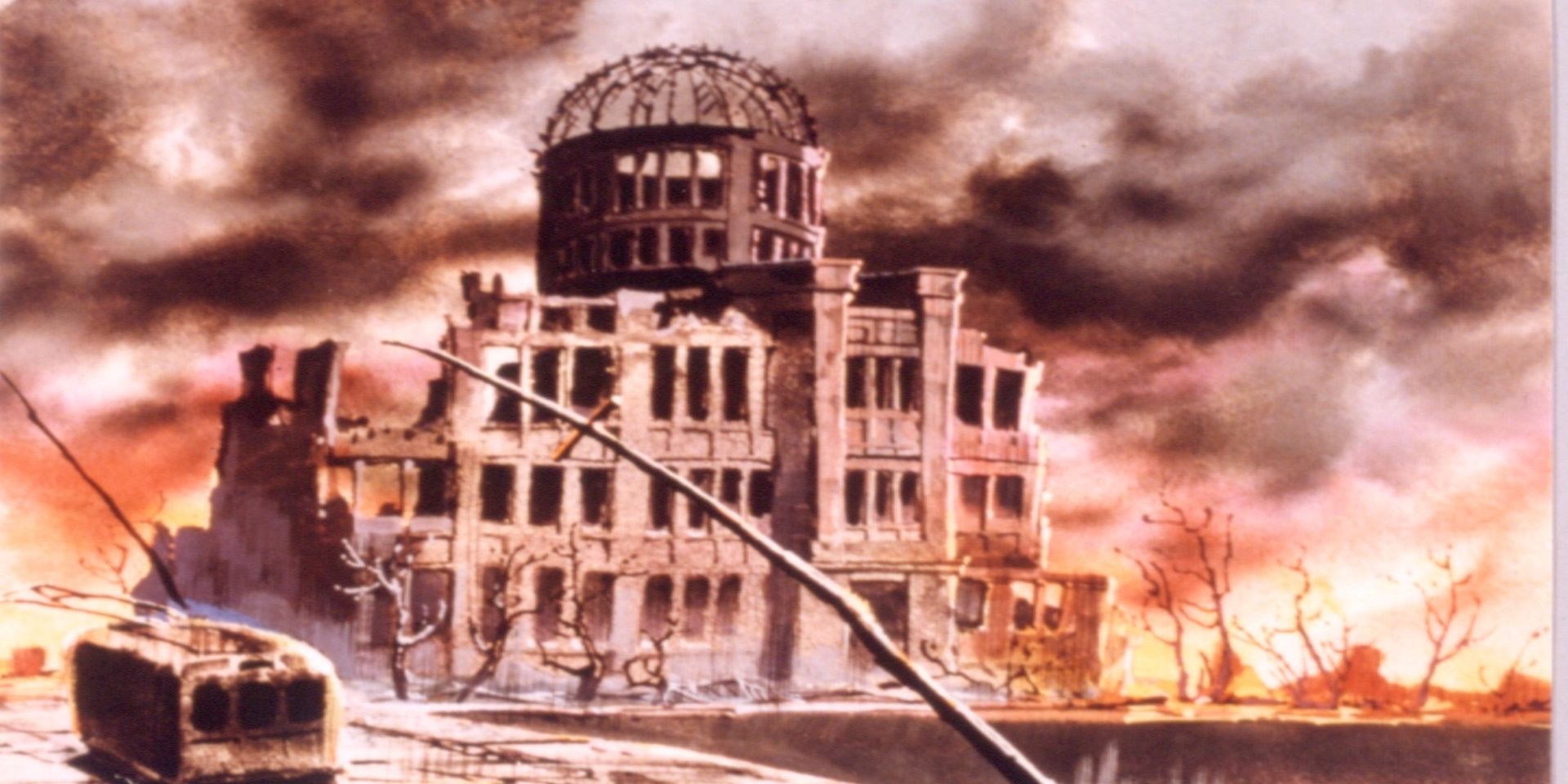 Image from the Barefoot Gen animated movie: A drawn still image of the Hiroshima Prefectural Industrial Promotion Hall freshly destroyed following the nuclear bombing, standing amid a smoky sky.