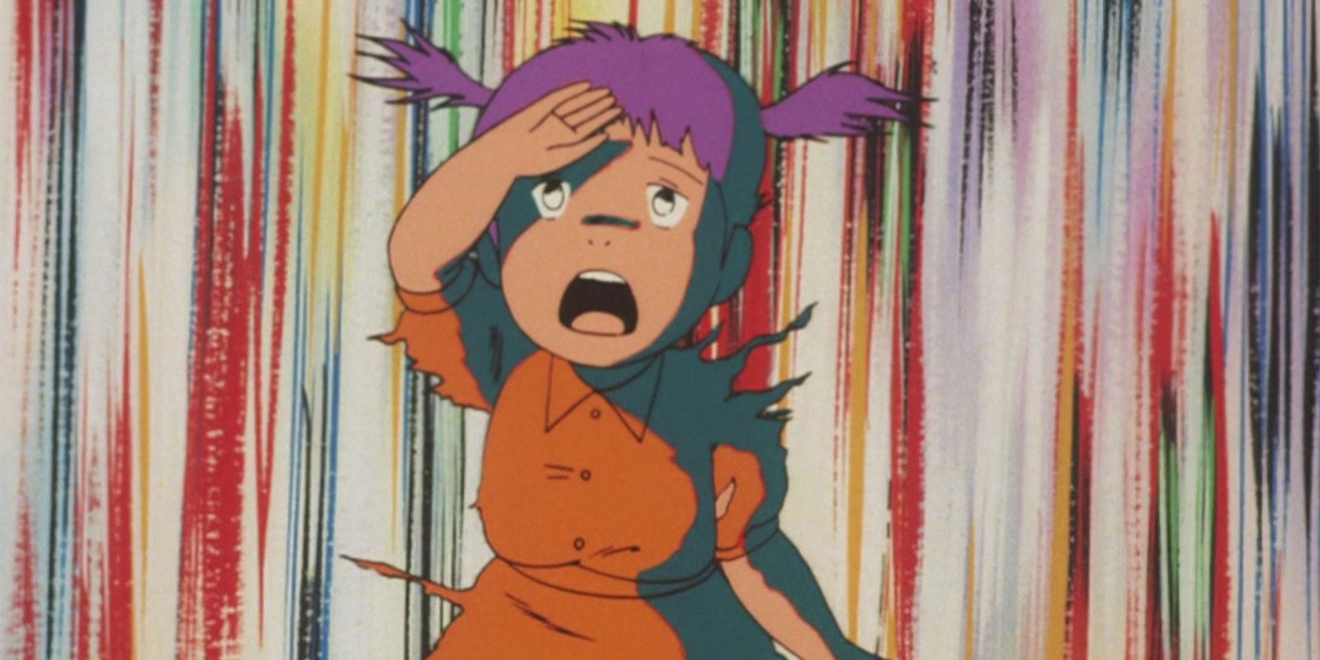 Imagem do filme de animação Barefoot Gen: Uma garota grita contra um fundo multicolorido, o que implica que ela está no raio de uma violenta explosão.