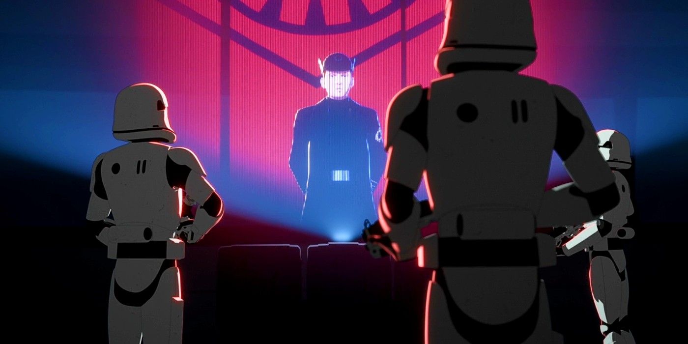 Holograma do discurso do General Hux sobre a Base Starkiller na 1ª temporada de Star Wars Resistance, episódio 20 "No Escape: Parte 1."
