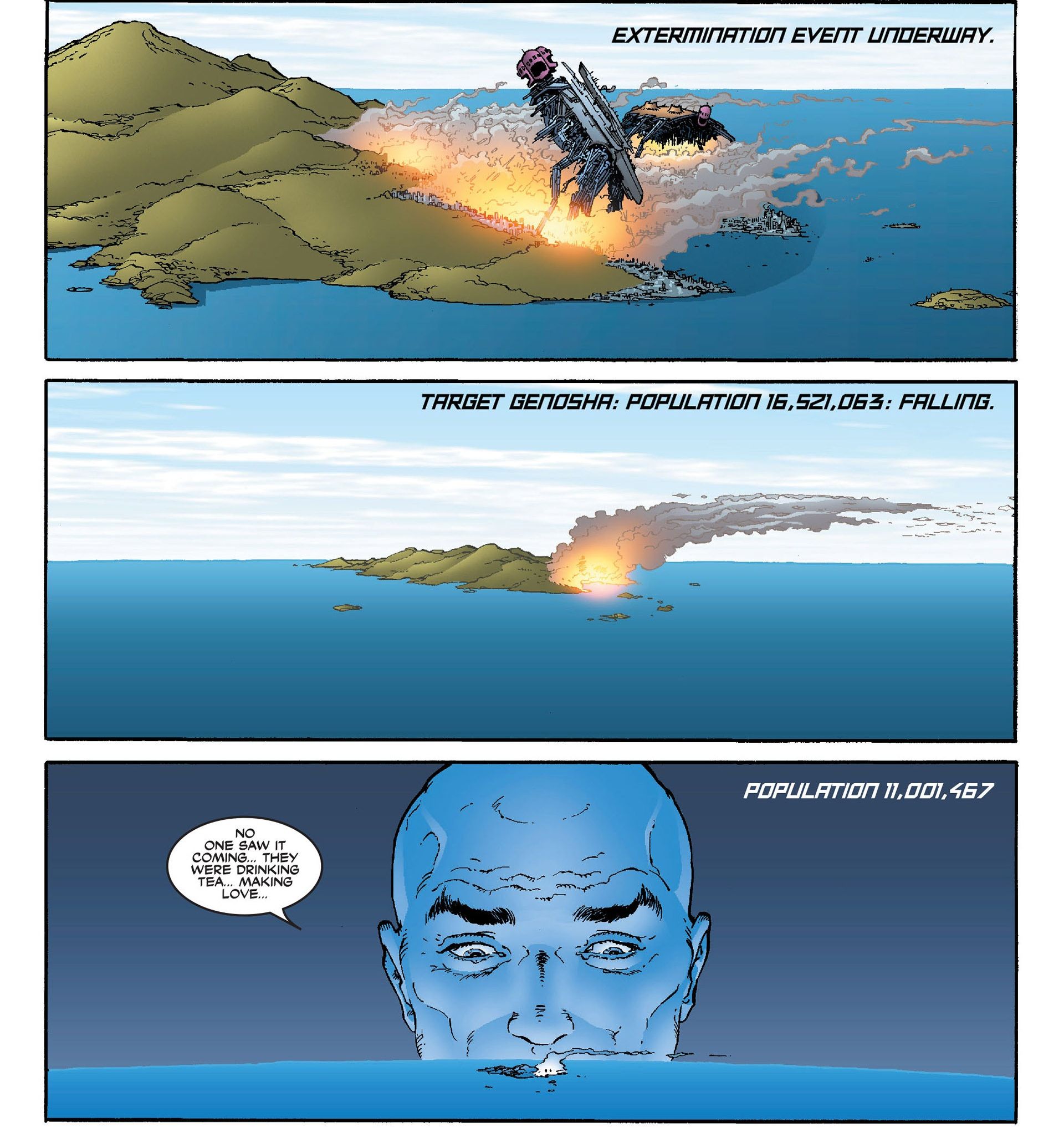 Charles Xavier conta o número de Mutantes perdidos durante o ataque a Genosha. 