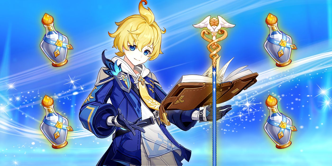 Genshin Impact&rsquo;s Mika next to the Dialogues of the Desert Sages polearm, both surrounded by four Exalted Earth items.