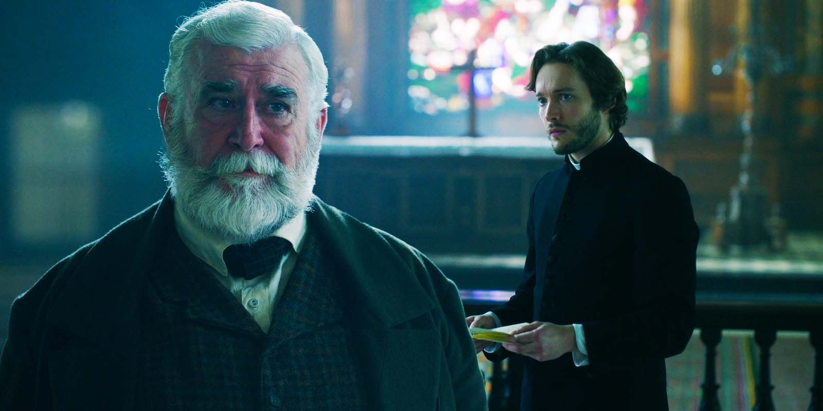 Gerard Horan as Mr. Enright and Toby Regbo as Reverend James Trenchard in Belgravia The Next Chapter episode 8