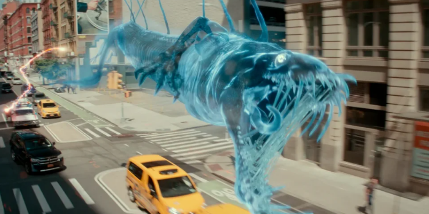 A blue transparent ghost being captured in Ghostbusters Frozen Empire