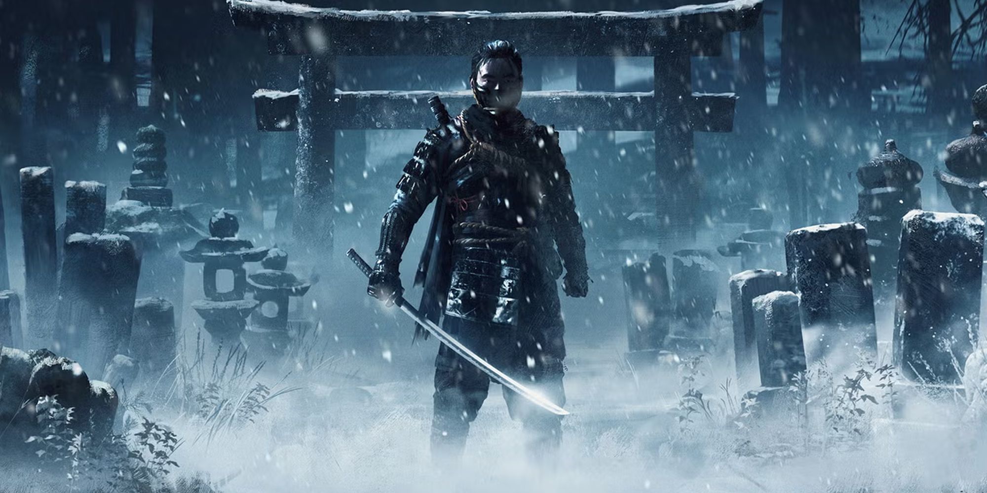Ghost of Tsushima's Jin Sakai standing in the snow with his sword drawn