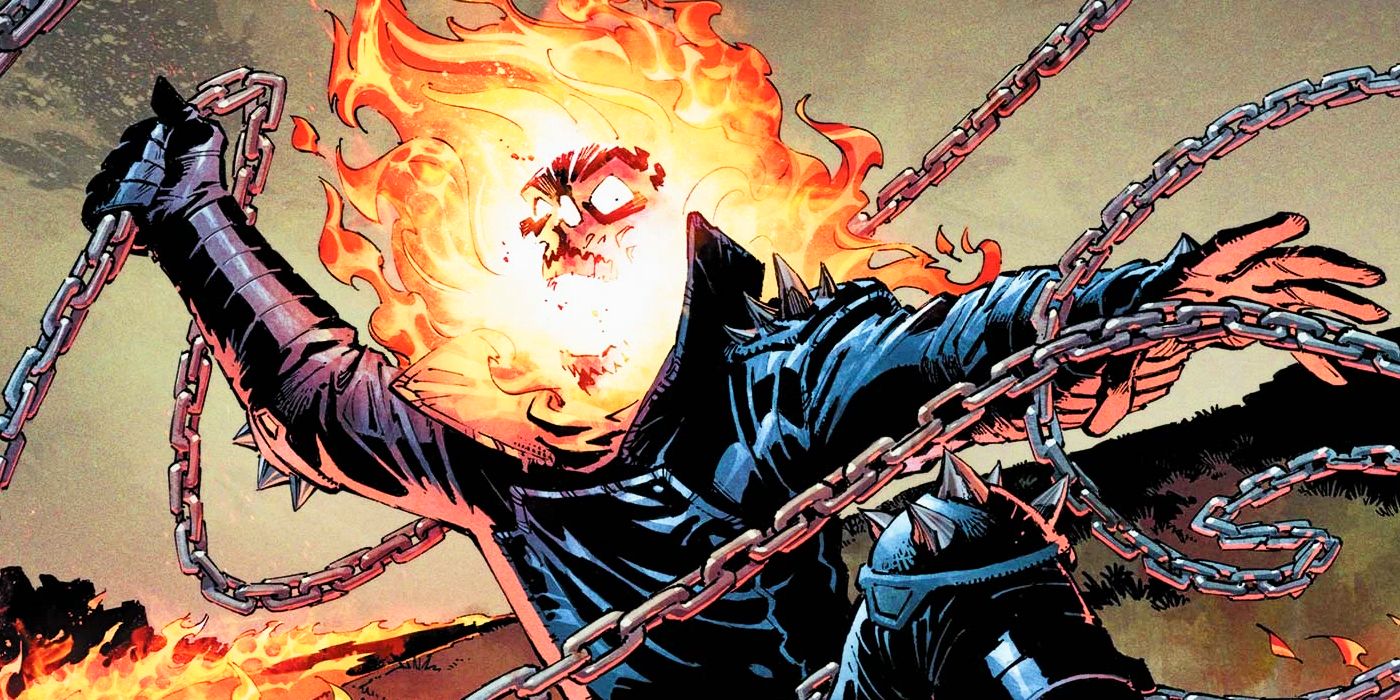 Ghost Rider brandishes his chains, twirling and whipping them around his body.