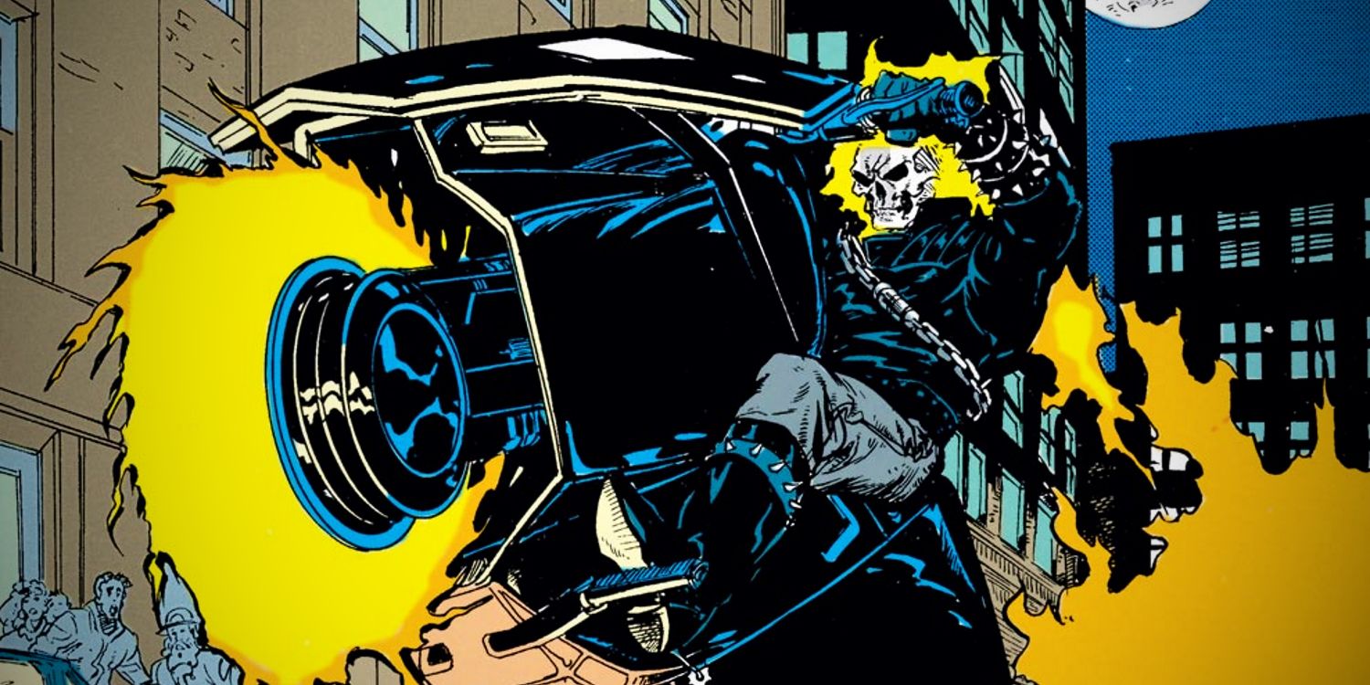 Ghost Rider pops wheelie on his flaming motorcycle in Lifes Blood comic story art