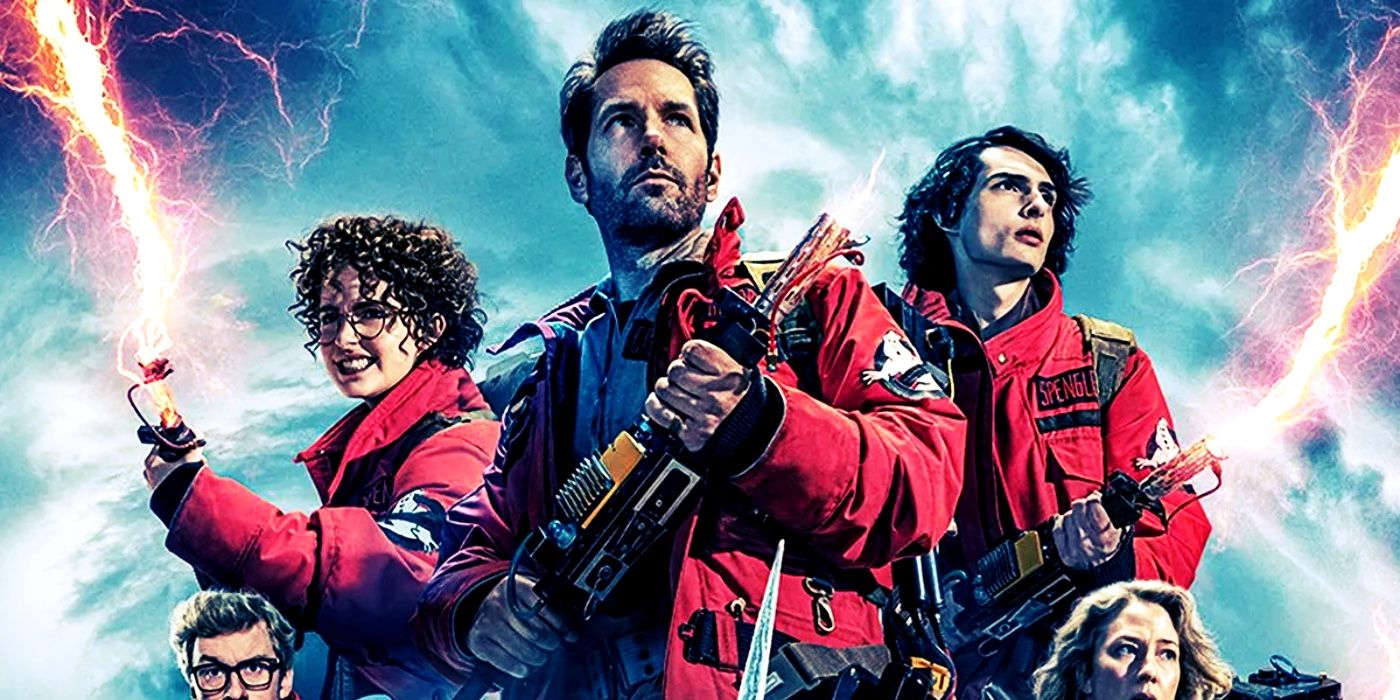 Gary, Phoebe, and Trevor fire their proton packs on the poster for Ghostbusters: Frozen Empire