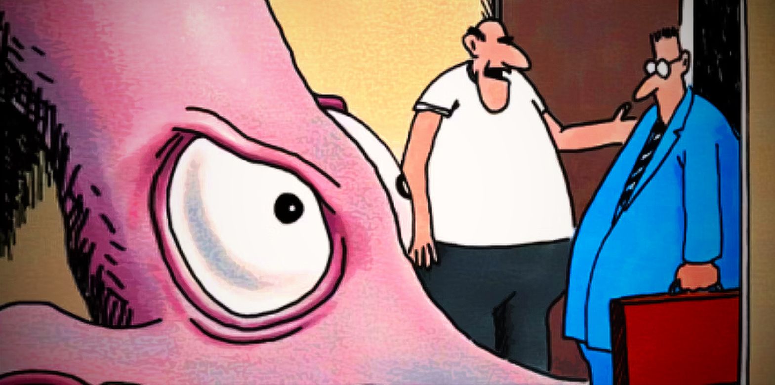 An angry Giant Pink Squid stares down its owner and a visitor in Far Side Comic