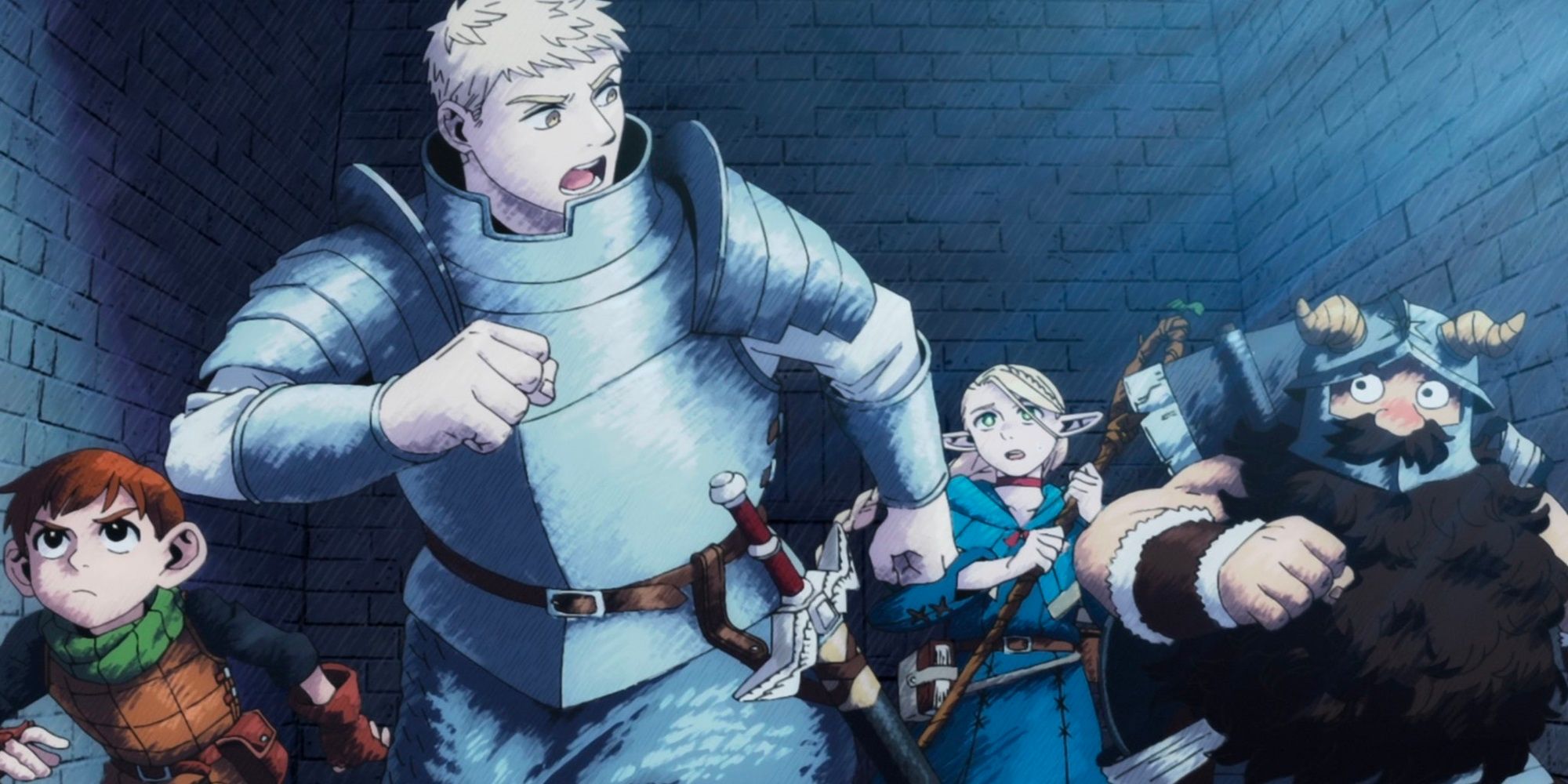 Delicious In Dungeon Episode 10 screencap of the Touden Party running through the dungeon.