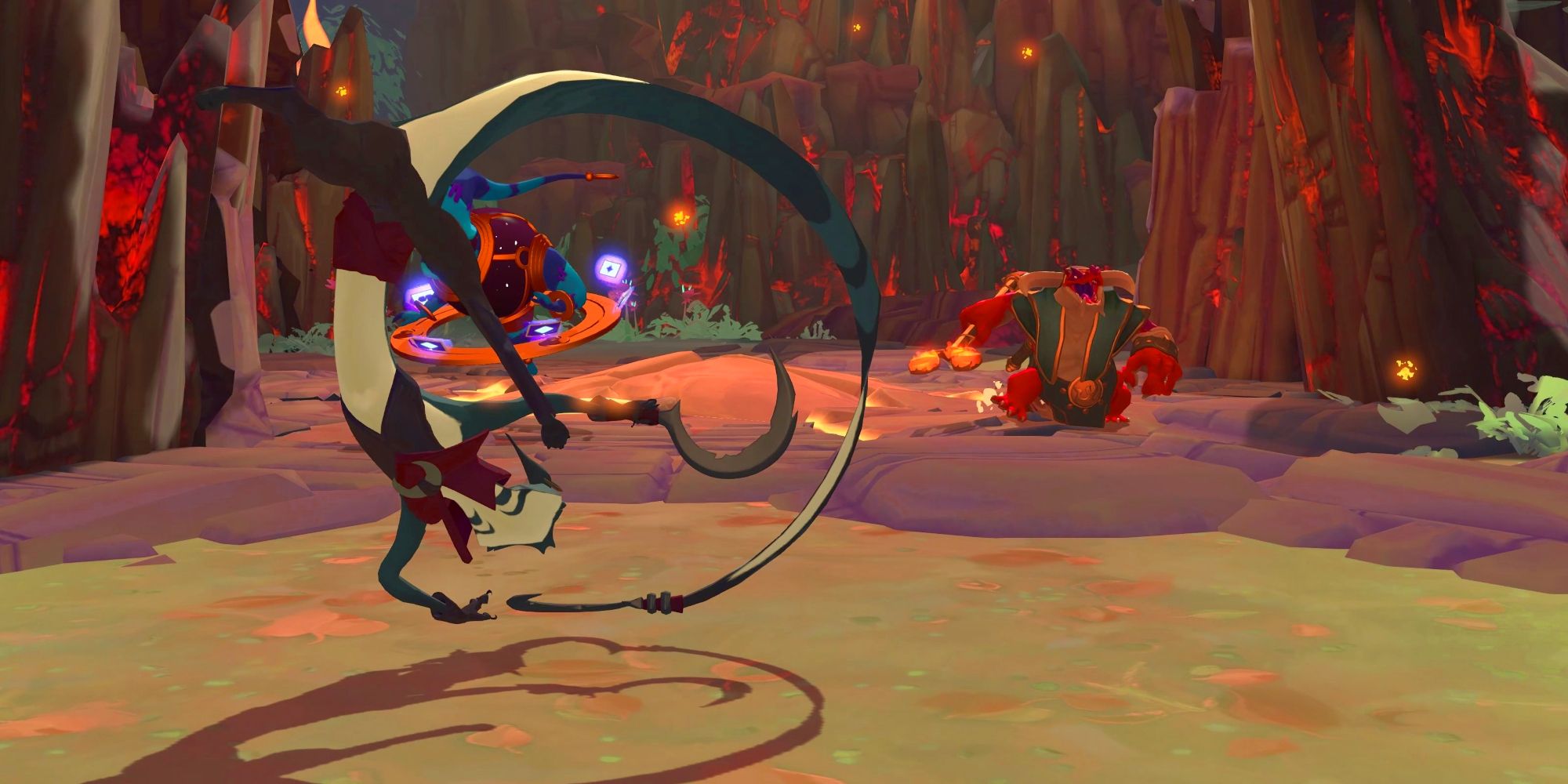 Screenshot from Gigantic Rampage Edition Kajir trailer shows the cat-like assassin flipping with two sickle blades in front of two enemies in a volcanic level.
