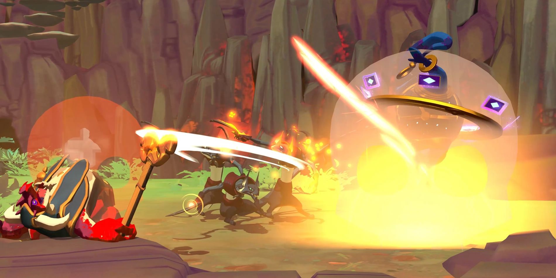 Captura de tela do trailer de jogo de Gigantic Rampage Edition mostra Kajir usando a habilidade Skeleton Crew para tripular cópias de si mesmo e causar danos aos inimigos que estão explodindo.