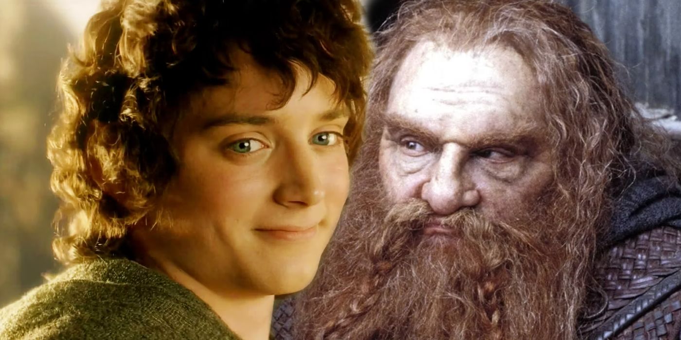 Frodo smiling next to a grouchy Gimli in The Lord of the Rings