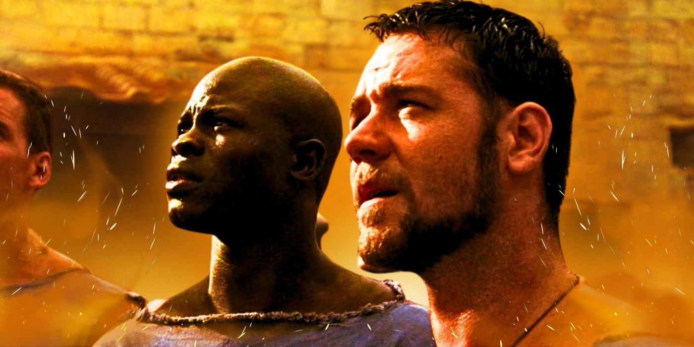 Russell Crowe as Maximus and Djimon Hounsou as Juba in Gladiator