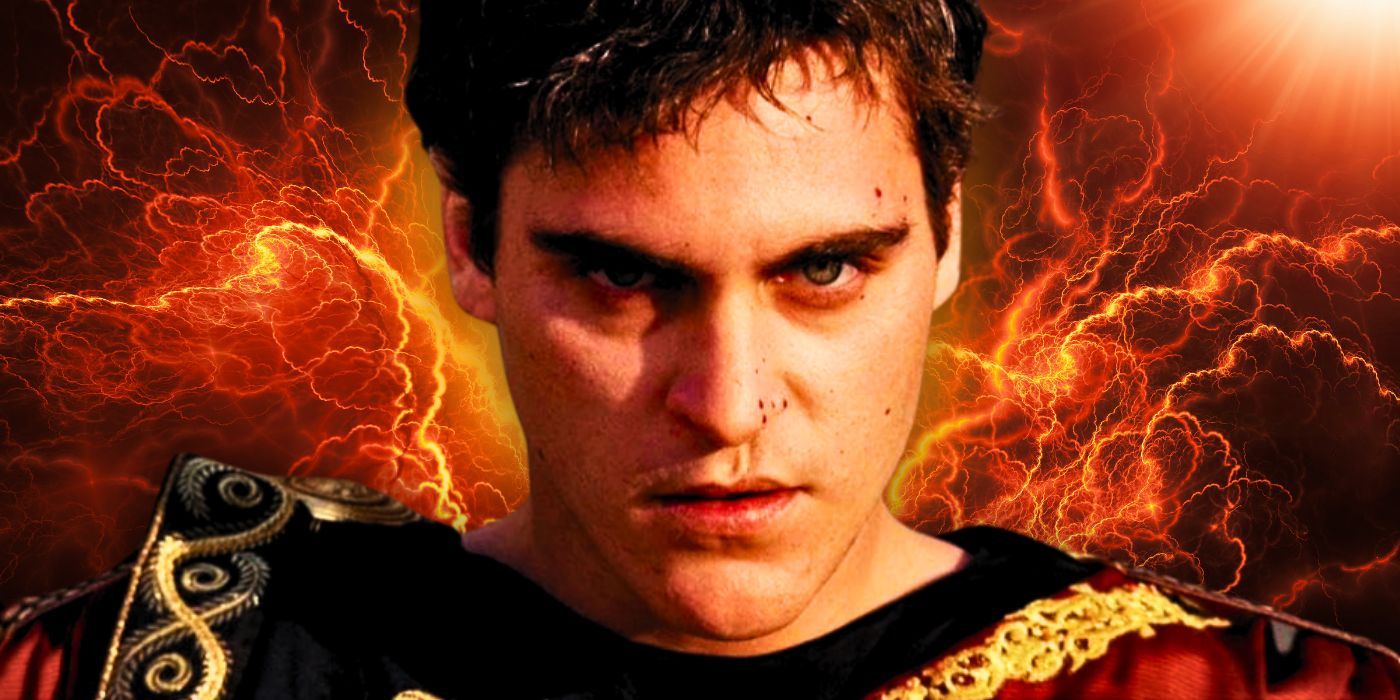 Gladiator Commodus Joaquin Phoenix in front of lightning 