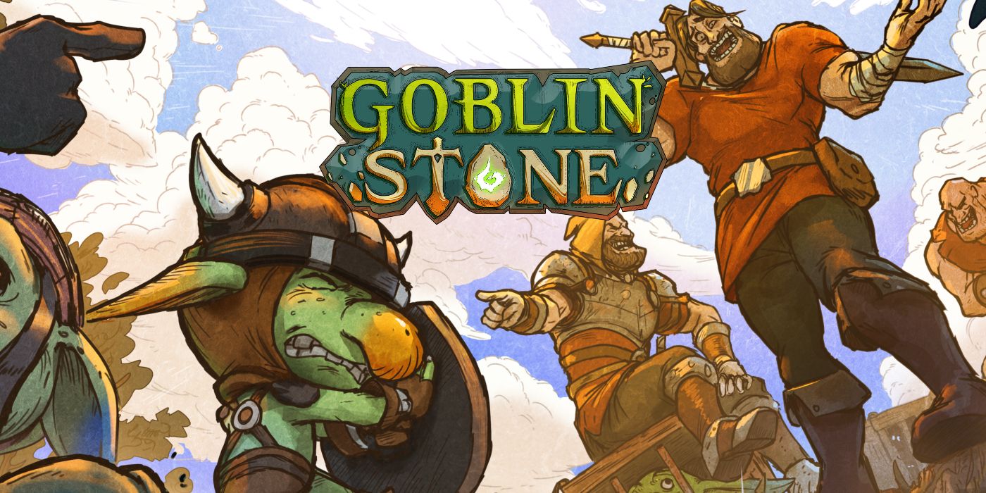 Goblin from Goblin Stone holding a shield looking scared as two tall human adventurers look down at him and laugh, the title Goblin Stones is in the middle.
