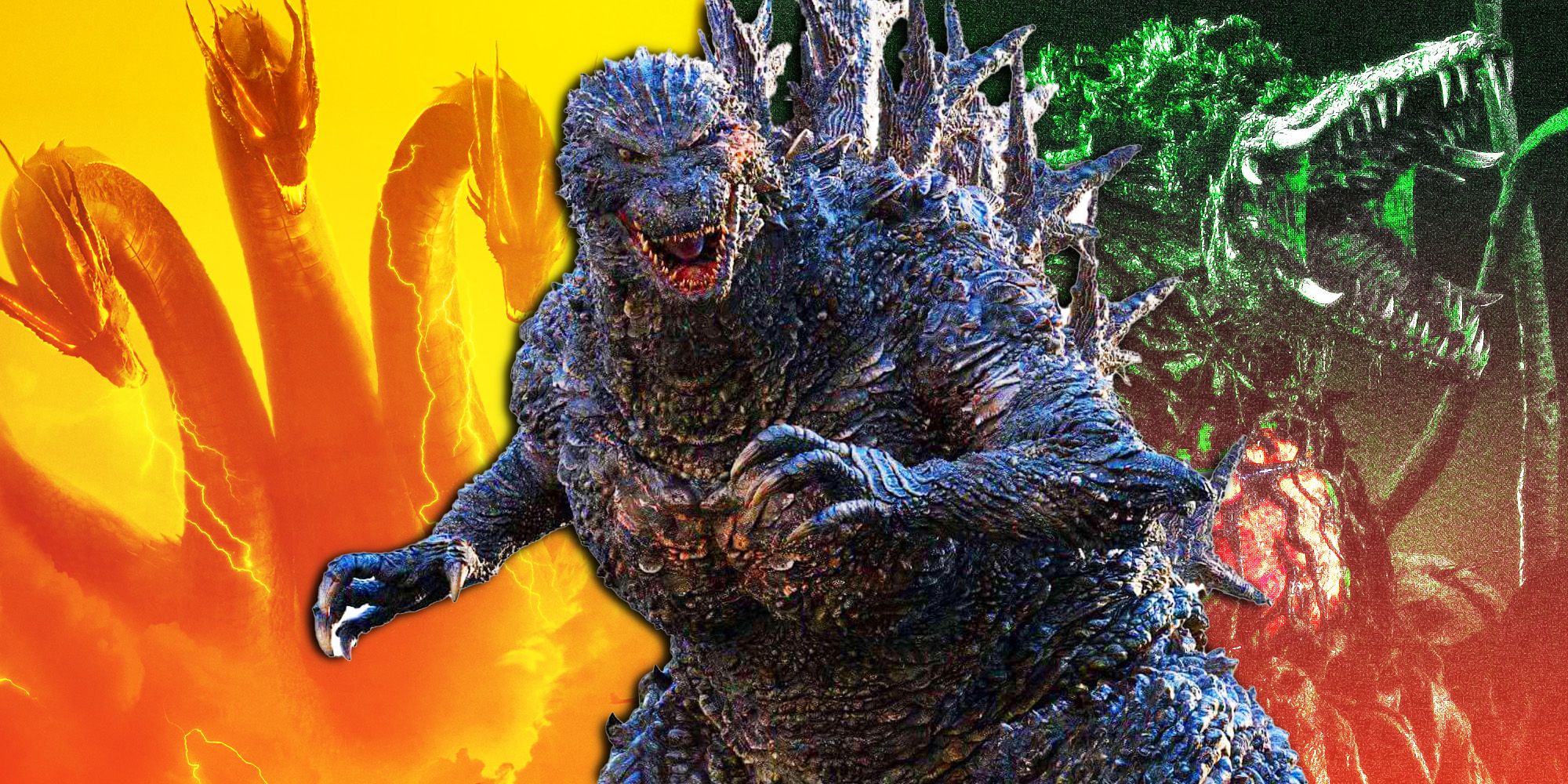 Godzilla from Godzilla Minus One and Ghidorah and Biollante
