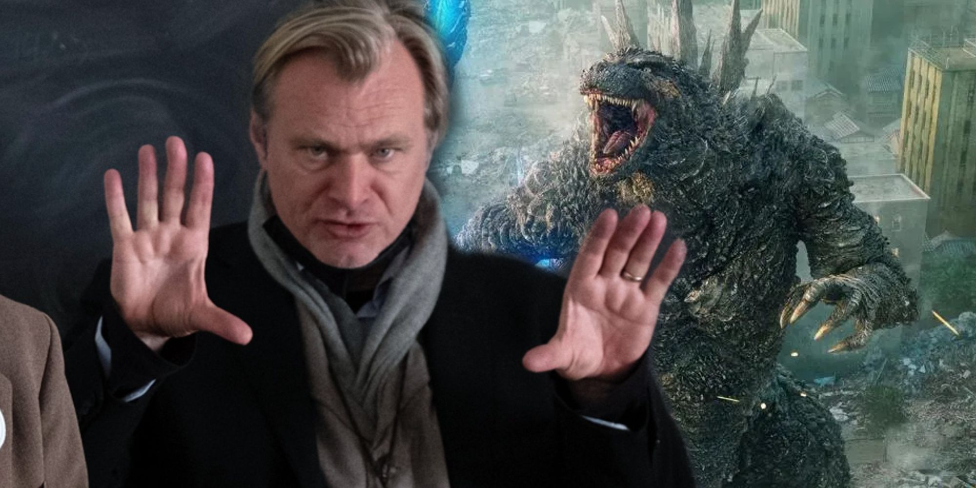 Godzilla Minus One image next to Christopher Nolan directing
