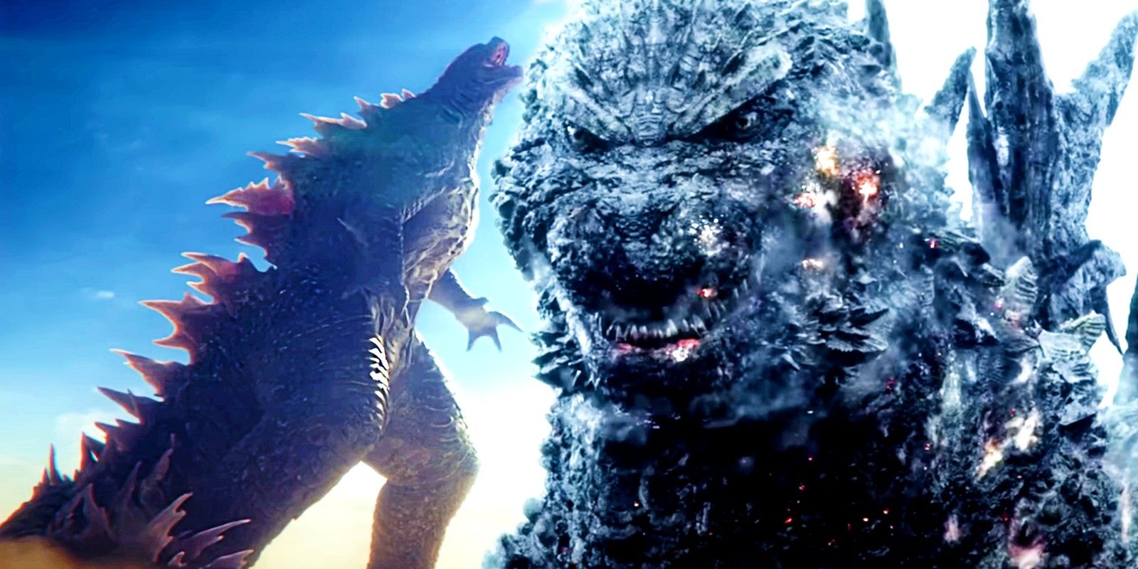 Godzilla screaming in Godzilla x Kong and Gojira smiling in Godzilla Minus One