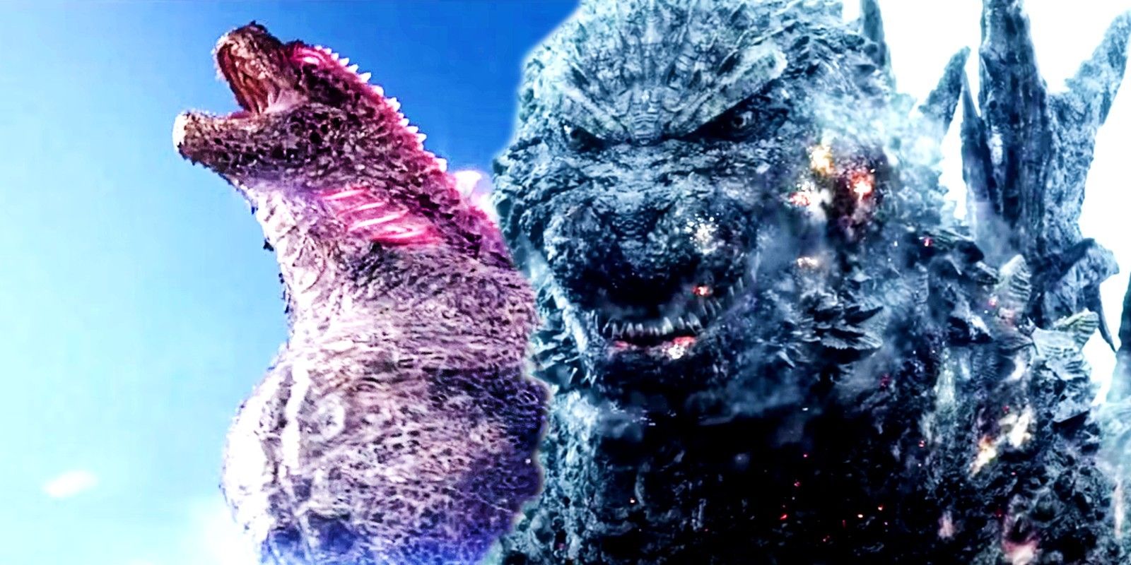 Godzilla screaming in Godzilla x Kong with his pink energy and Gojira smiling in Godzilla Minus One