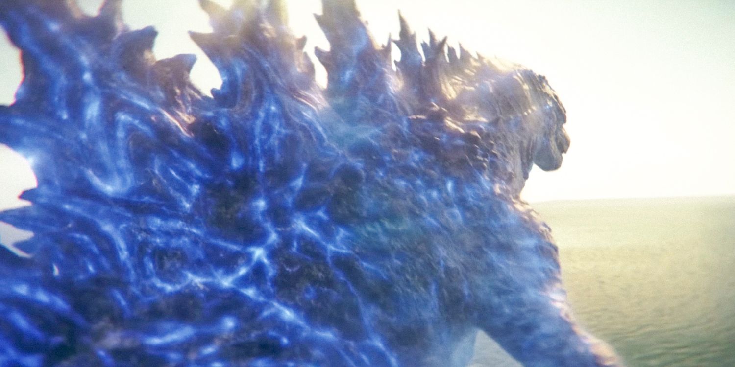 Godzilla with power running though its body glowing blue in Godzilla x Kong: The New Empire