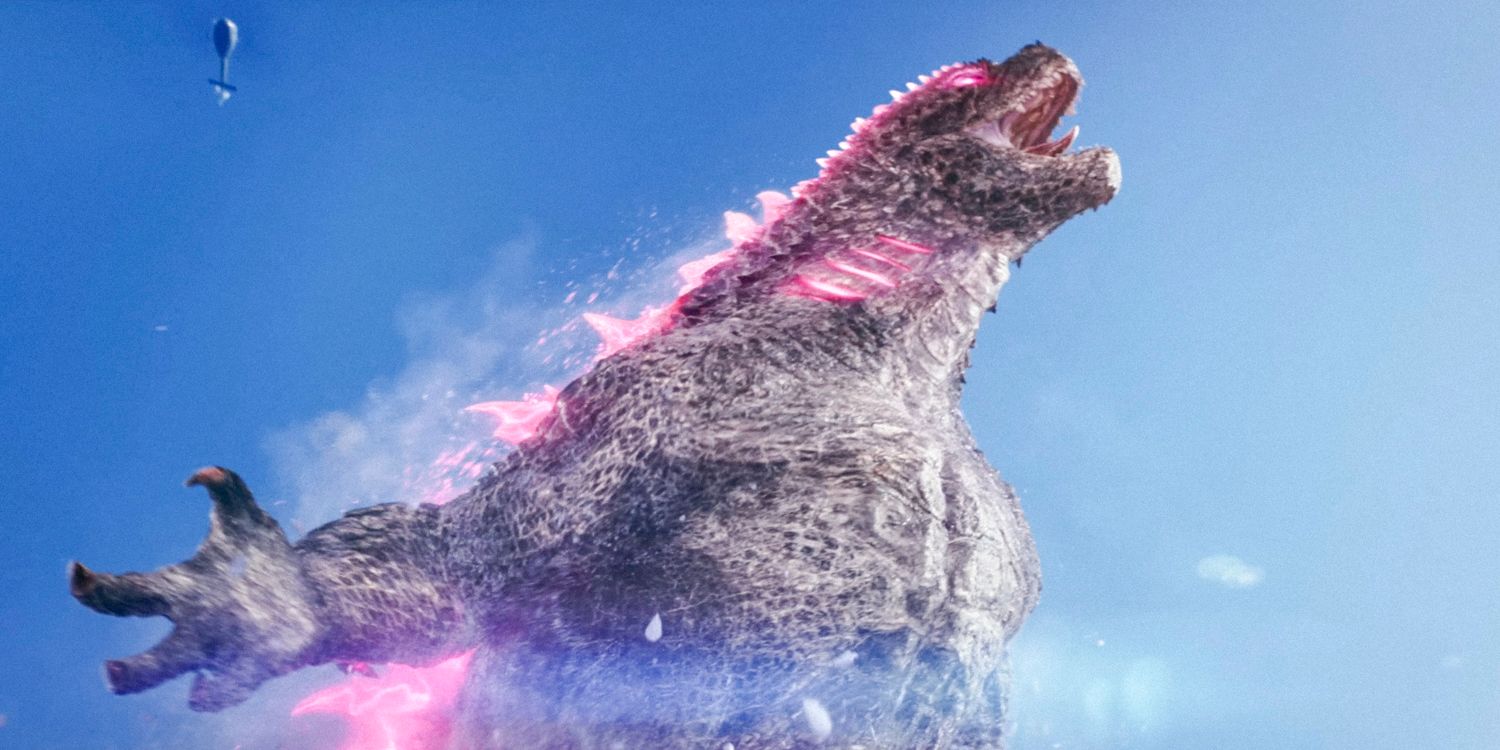 Godzilla screaming at sky glowing pink or red idk from Godzilla x Kong: The New Empire