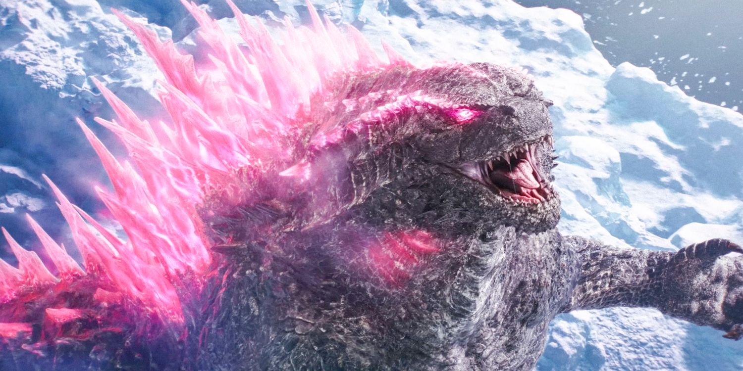 aerial view of godzilla glowing pink or red from Godzilla x Kong: The New Empire