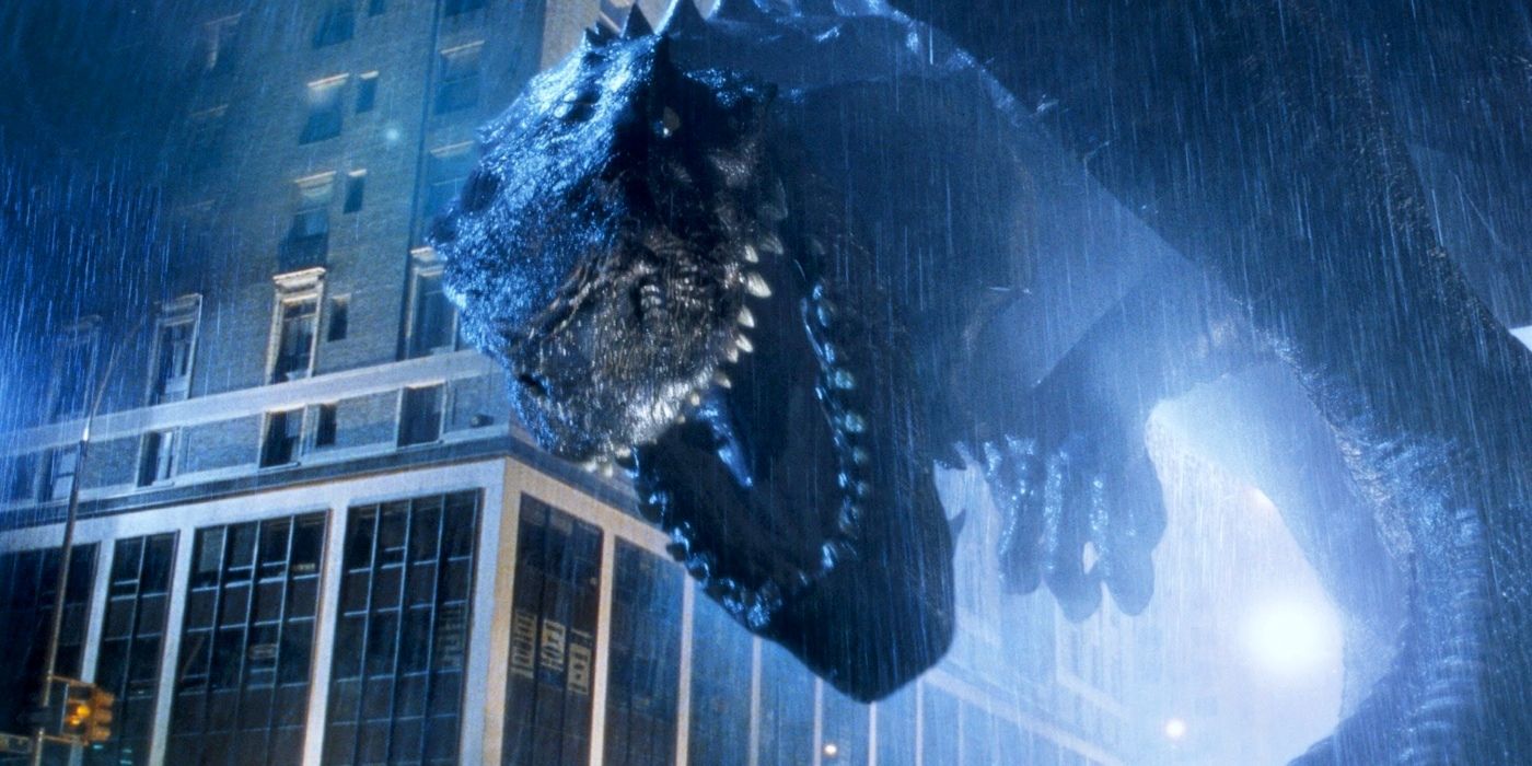 1998's Godzilla roaring at night in the pouring rain.