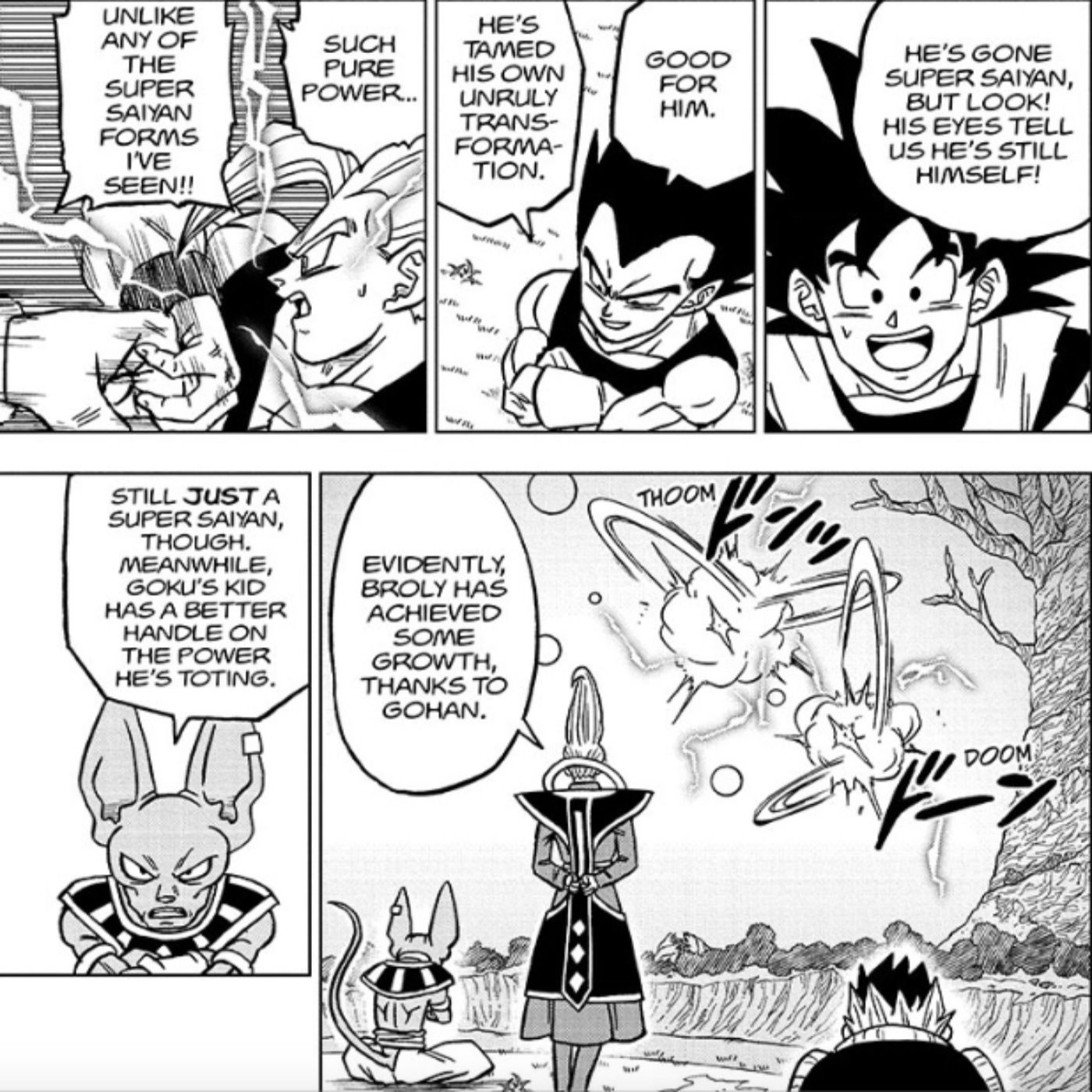 Goku, Vegeta, Beerus, and Whis explaining that Broly is now in control of his power thanks to Gohan.
