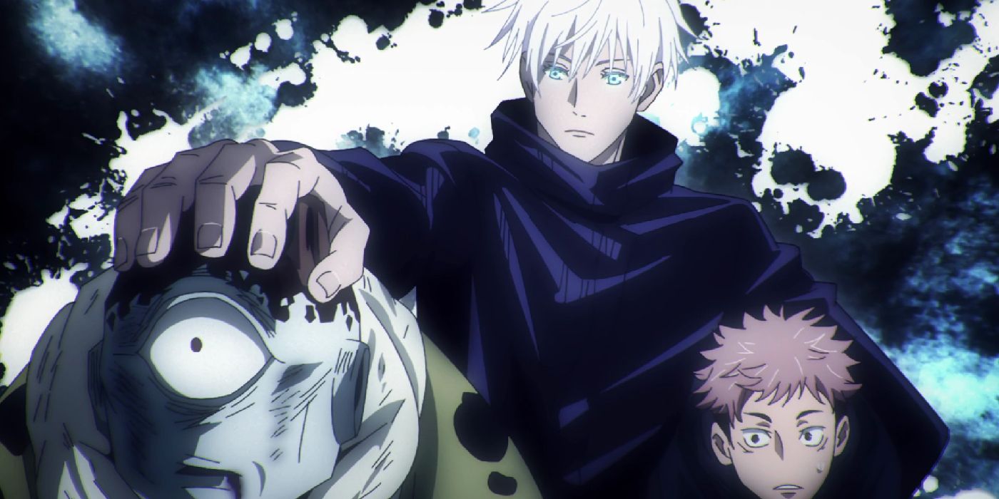 Gojo holding Jogo by his head inside Unlimited Void with Yuji's head under his other arm in jujutsu kaisen