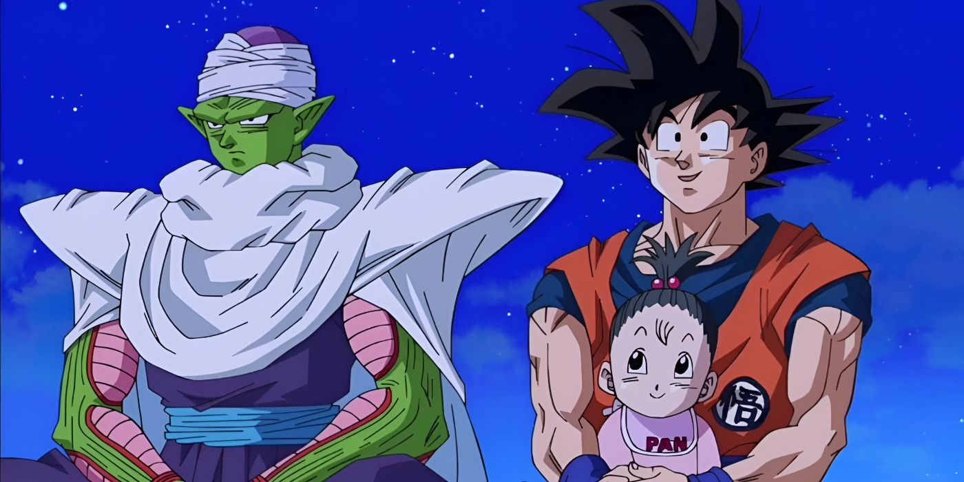 Goku está sentado no telhado com Pan em seu colo enquanto Piccolo pergunta como ele está se sentindo devido ao seu Transtorno de Ki de Início Retardado em Dragon Ball Super. 