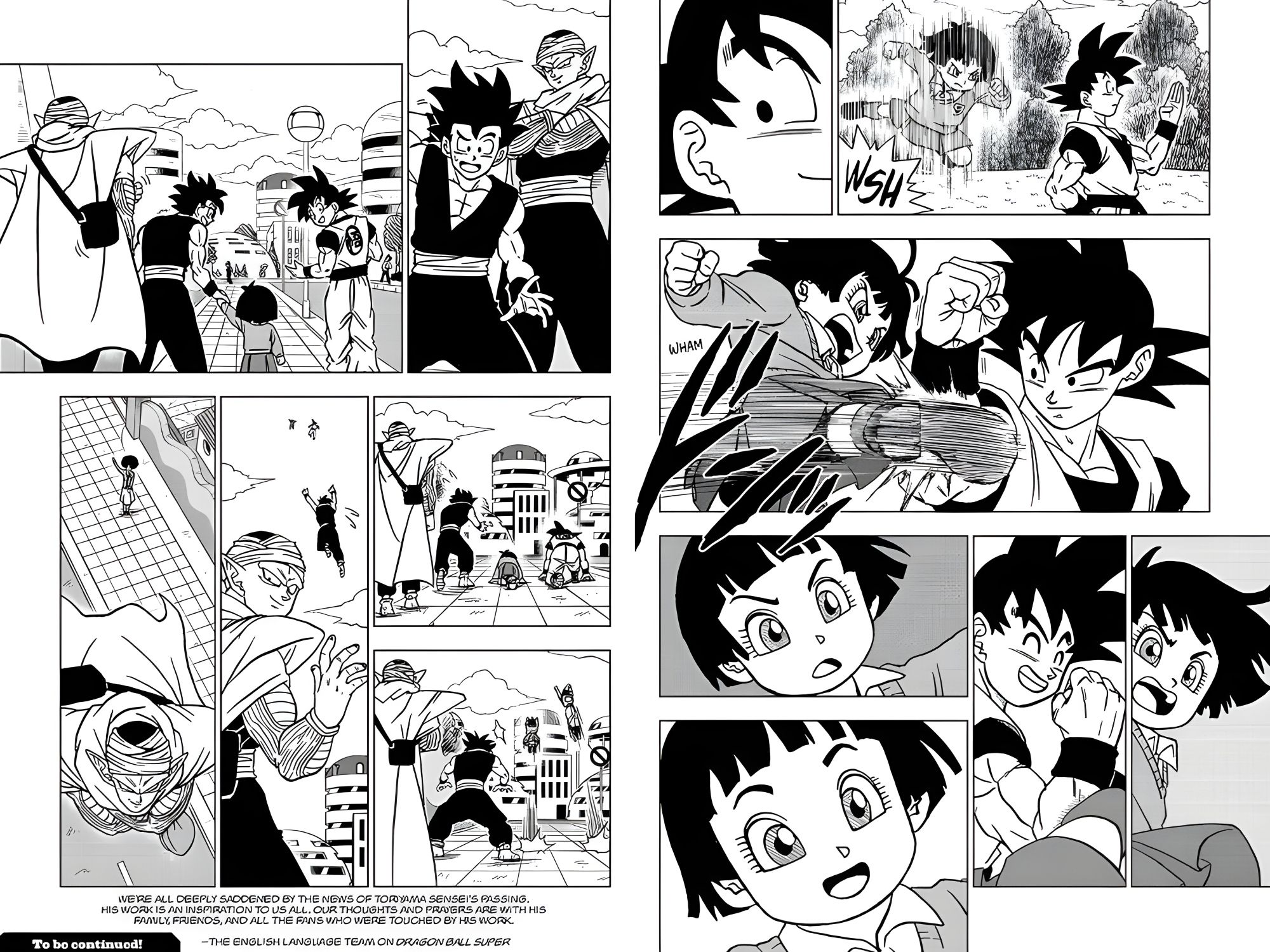 Pan attacks her grandfather from behind and lights up when he blocks her kick, and the two bond and fly away with Gohan and Piccolo in Dragon Ball Super.