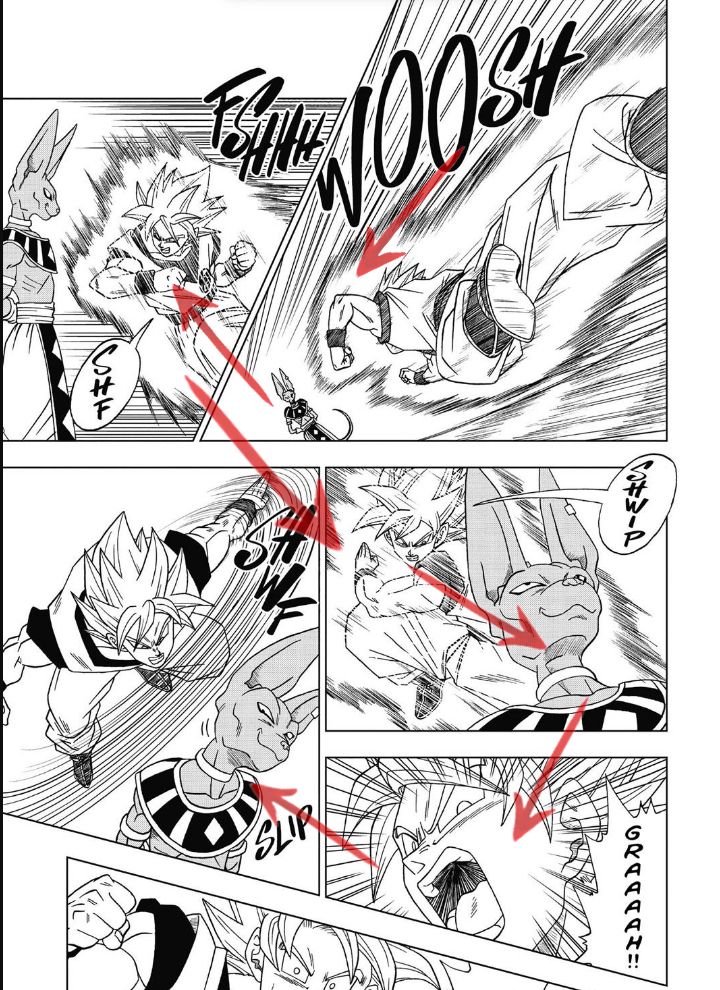 Goku fighting Beerus in Dragon Ball Super with arrows to show flow of reading