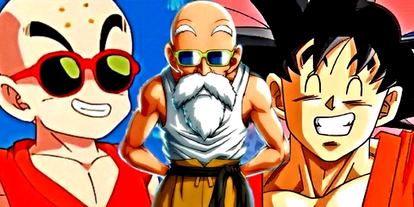 Goku, Kuririn e Mestre Roshi de Dragon Ball.