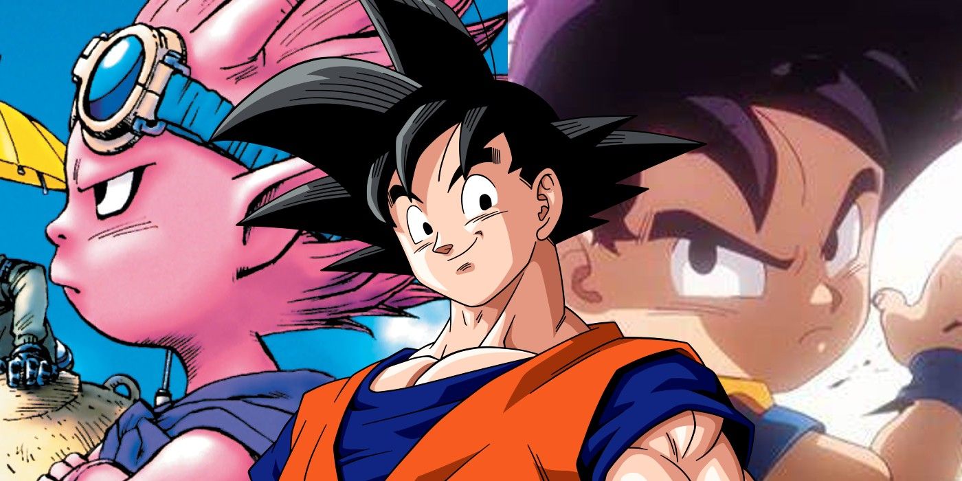 Goku smiles as Sandland and Dragon Ball Daima are posed on either side of him