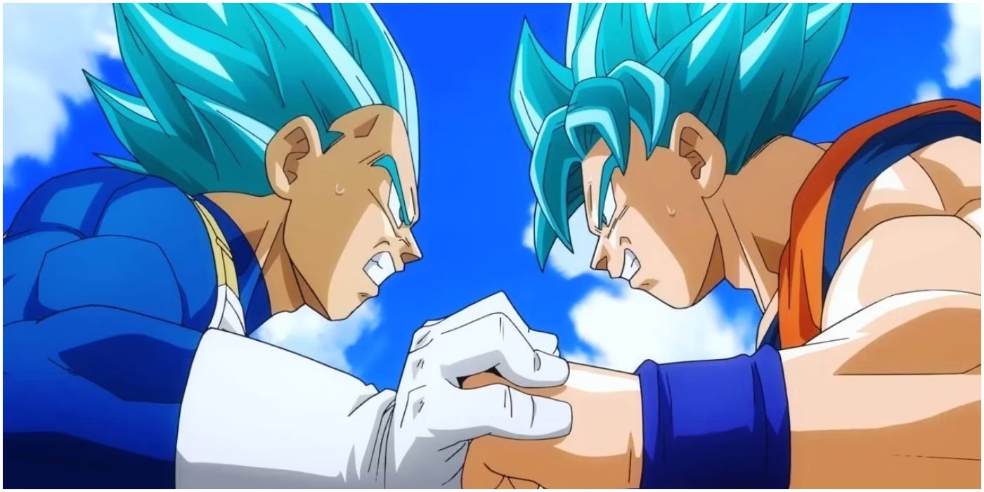 Goku e Vegeta lutam, suas mãos entrelaçadas