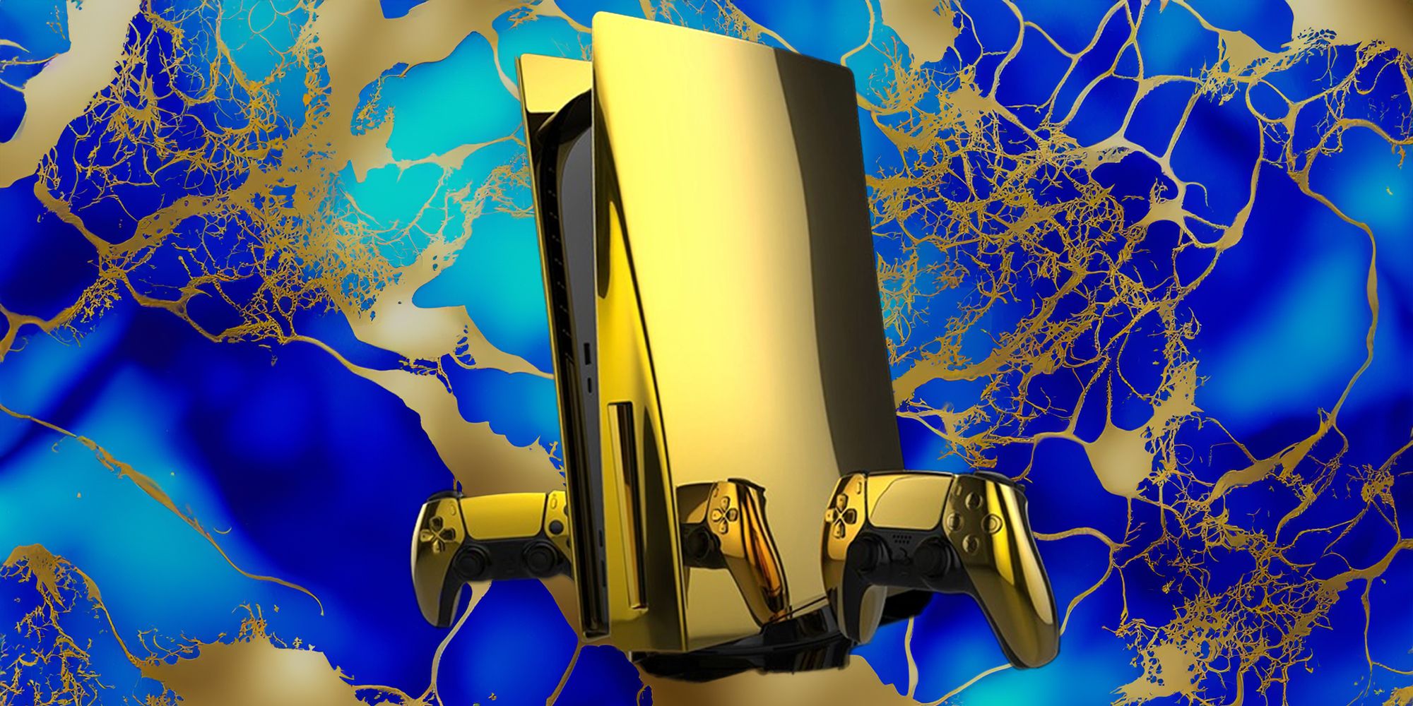 Um PS5 dourado contra um fundo azul e dourado