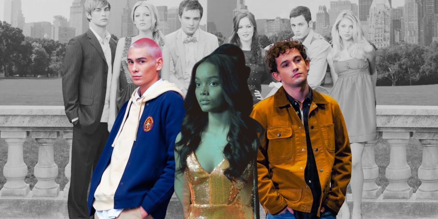 A composite image features new Gossip Girl series characters Aki, Zoya, and Obi in color in the foreground with the original Gossip Girl series cast in the back in black and white