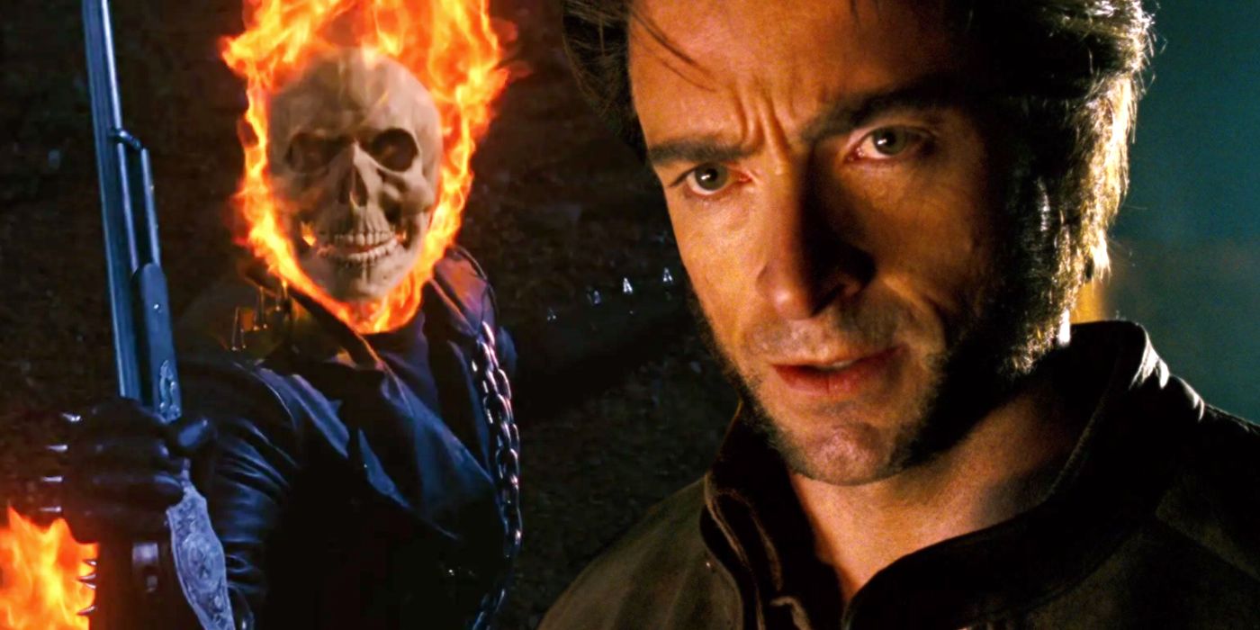 Split image of Nicolas Cage as Ghost Rider in Ghost Rider (2007) and Hugh Jackman as Wolverine in X-Men: The Last Stand (2006)