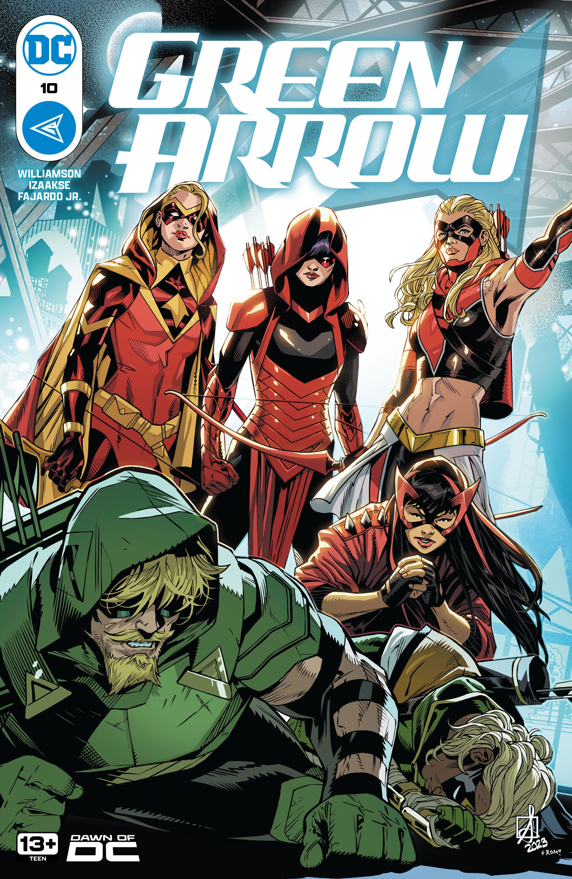 Green Arrow 10 Main Cover: Speedy, Red Arrow, Arrowette, and Red Canary stand menacing above Green Arrow and Connor Hawke.