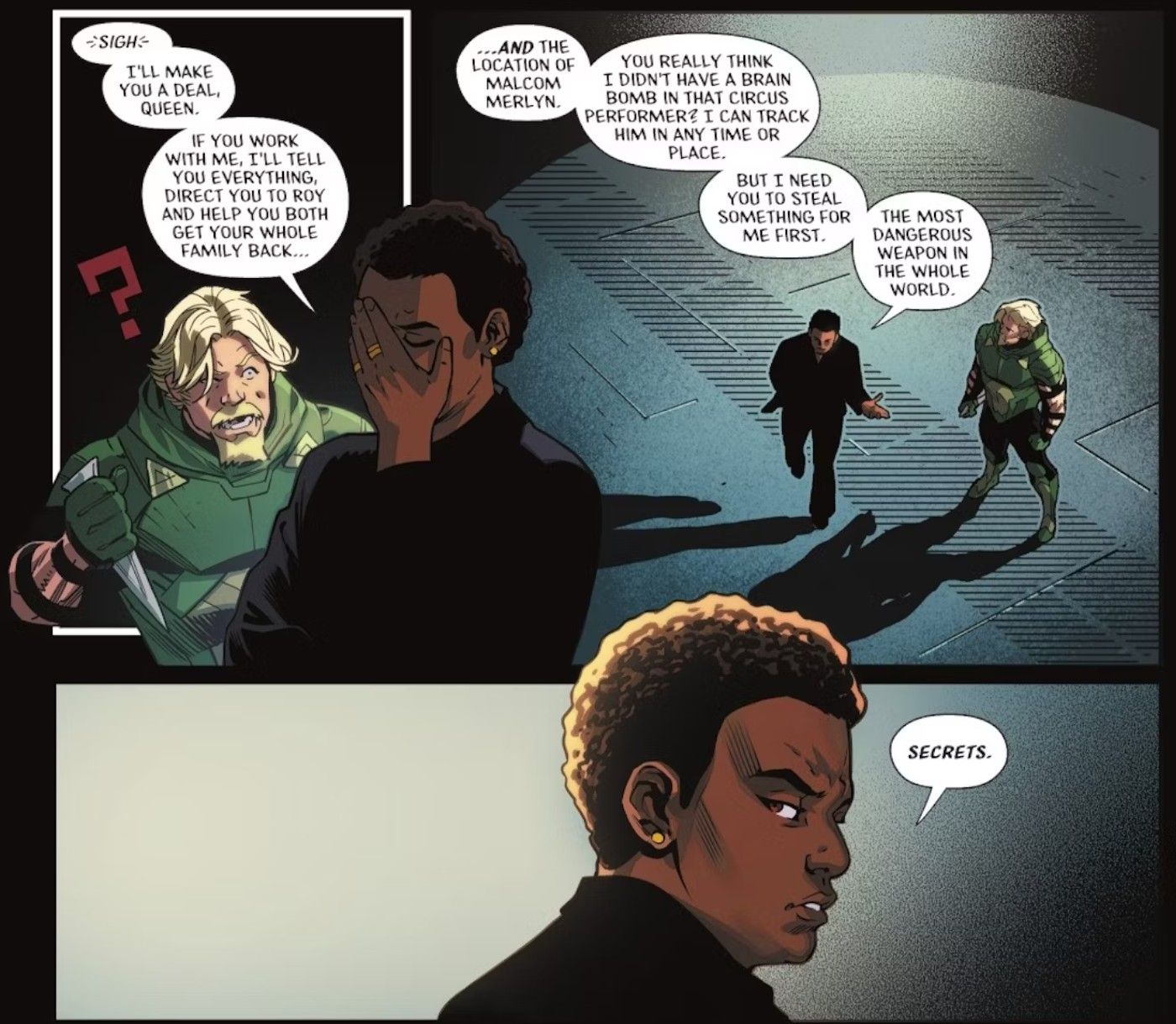 Comic book panels: Amanda Waller and Green Arrow talk in a large empty room.