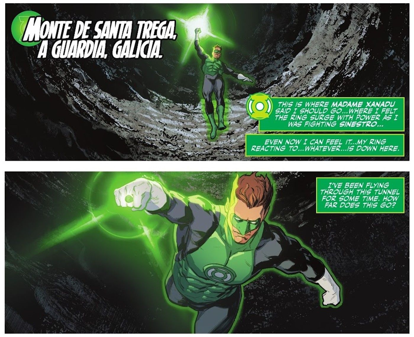 Painéis de quadrinhos: Lanterna Verde Hal Jordan usando seu anel de poder verde em uma caverna.