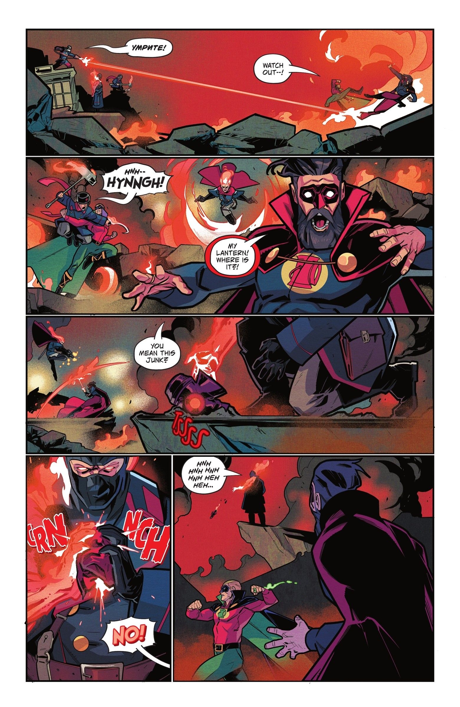 Five panels of the Crimson Host destroying the Red Lantern's lamp.