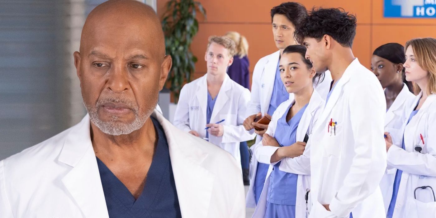 A composite image of a stern looking Dr. Webber and interns taking notes from Grey's Anatomy season 20