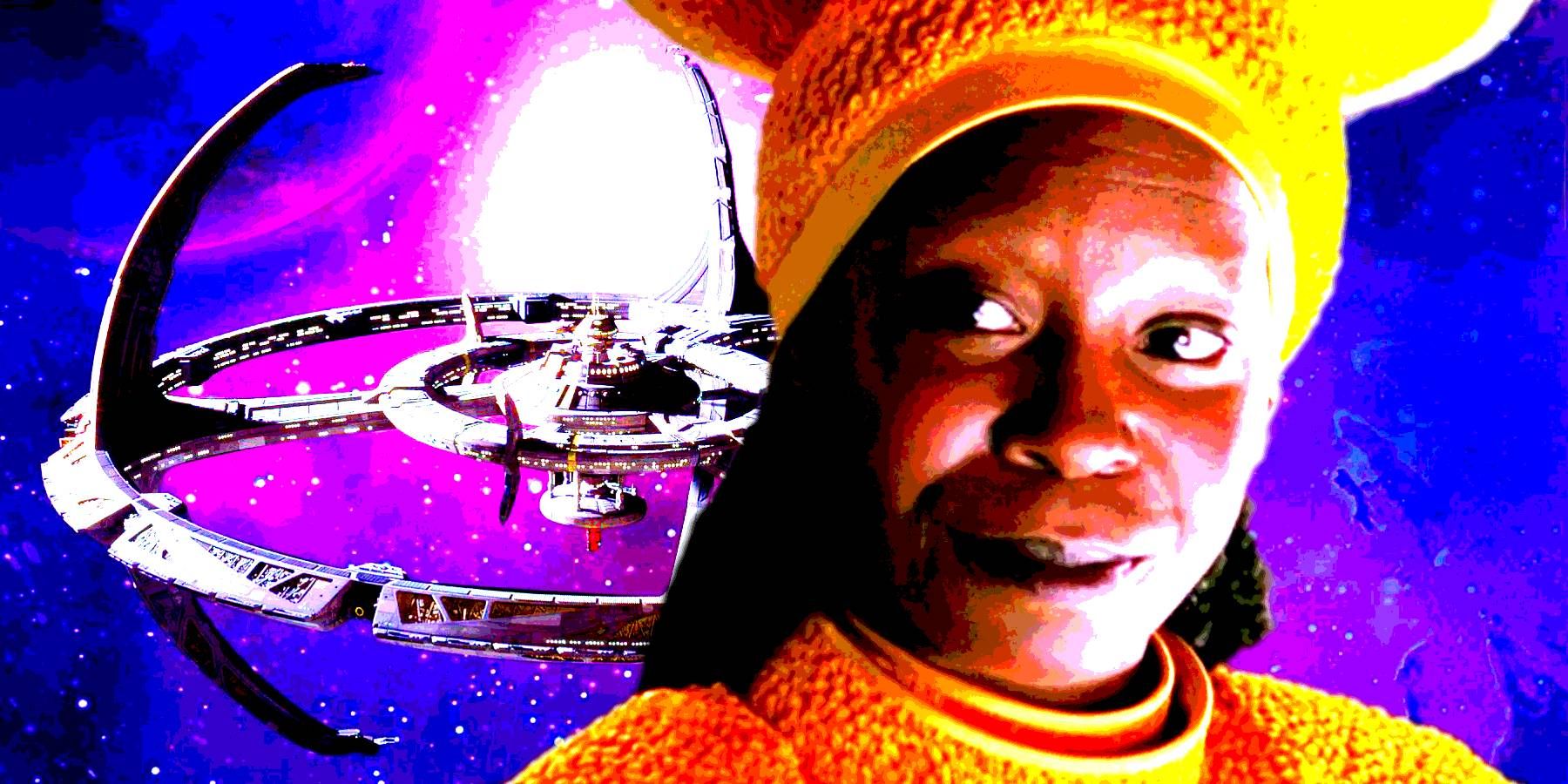 Whoopi Goldberg as Guinan with DS9 as a background