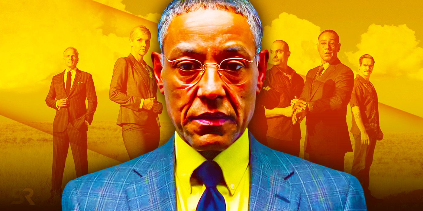 Giancarlo Esposito as Gus Fring in Breaking Bad and the cast of Better Call Saul as a backdrop